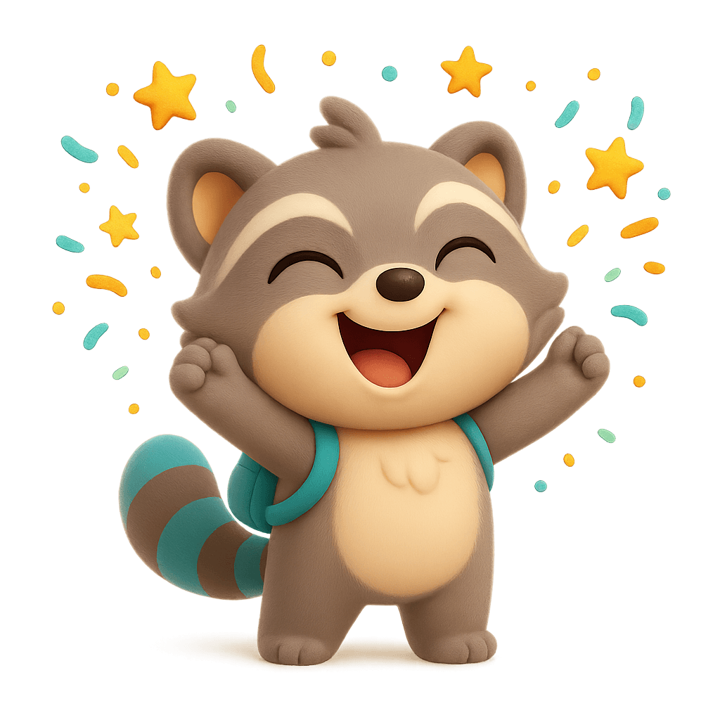 Pip, the raccoon guide, celebrating a correct answer