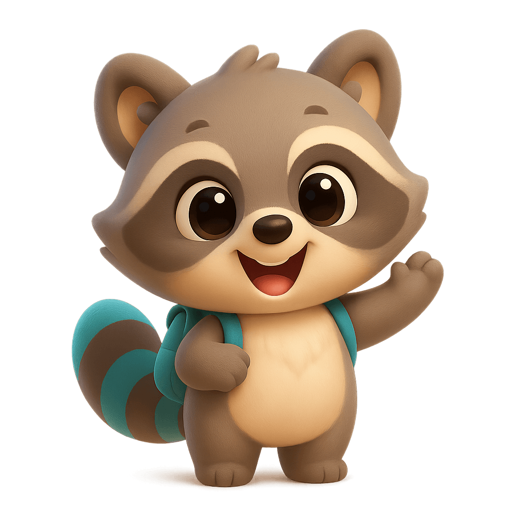Pip, a raccoon with a backpack